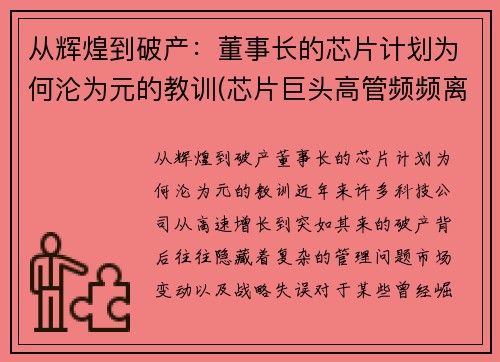 从辉煌到破产：董事长的芯片计划为何沦为元的教训(芯片巨头高管频频离职)