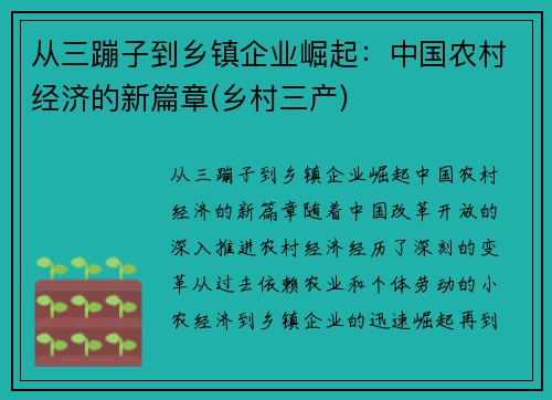 从三蹦子到乡镇企业崛起：中国农村经济的新篇章(乡村三产)