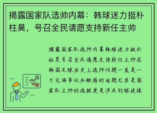 揭露国家队选帅内幕：韩球迷力挺朴柱昊，号召全民请愿支持新任主帅