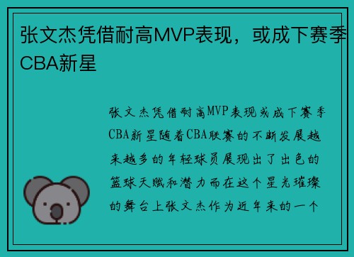 张文杰凭借耐高MVP表现，或成下赛季CBA新星